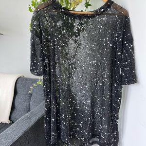SHEIN Galaxy Print Sheer Mesh Longline Tee